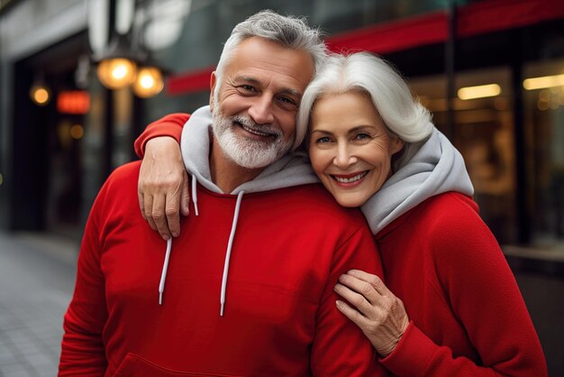 Um casal de idosos feliz com camisolas vermelhas a abraçar-se.