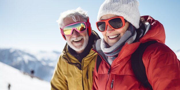 Um casal de idosos feliz está esquiando em uma estação de esqui moderna