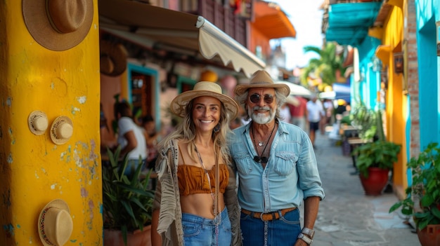 Um casal de idosos feliz explorando juntos as coloridas ruas da cidade