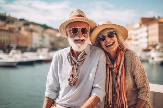 Um casal de idosos feliz na Espanha viajando por IA gerada