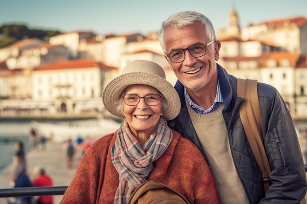 Um casal de idosos feliz na Itália Portugal viajando AIgenerated