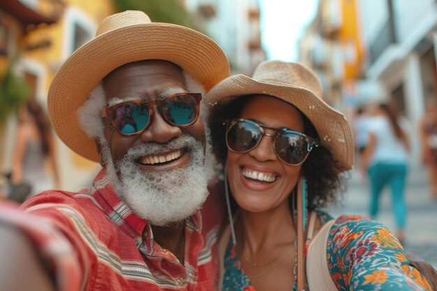 Foto um casal de idosos feliz tira uma selfie na rua de uma cidade