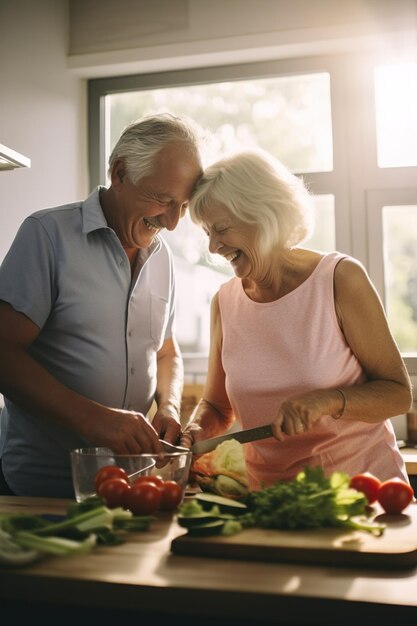 Um casal de idosos felizes a cozinhar juntos na cozinha