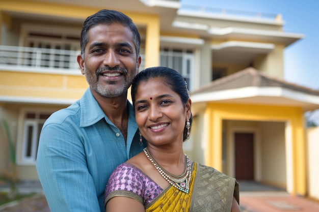 Um casal de idosos indianos feliz de 40 anos em frente à sua nova casa, um conceito de aluguer de moradias sociais.