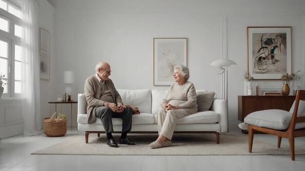 Um casal de idosos numa sala branca a brincar.