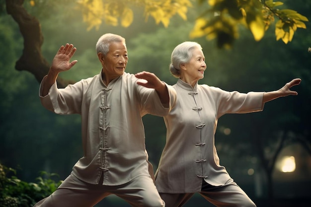 um casal de idosos pratica artes marciais com os braços estendidos na frente de uma árvore.