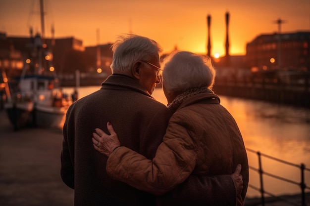 Um casal de idosos se abraça diante de um pôr do sol