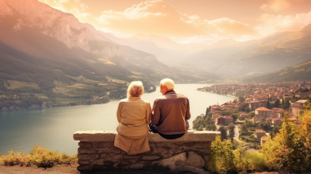 Um casal de idosos sentado em um banco com vista para um lago e montanhas