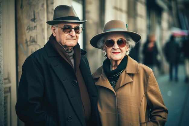 Um casal de idosos sofisticados que exala elegância e estilo.