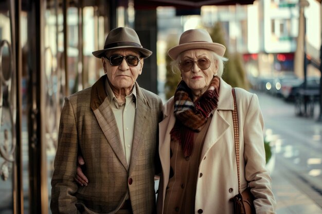 Foto um casal de idosos sofisticados que exala elegância e estilo.