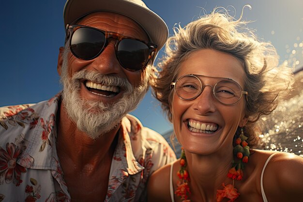 Um casal de idosos sorridente descansando no verão na praia ao lado do mar