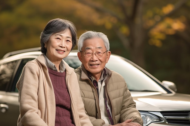Um casal de idosos sorridente e o carro deles.