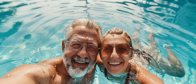 Um casal de idosos sorrindo debaixo d'água na piscina