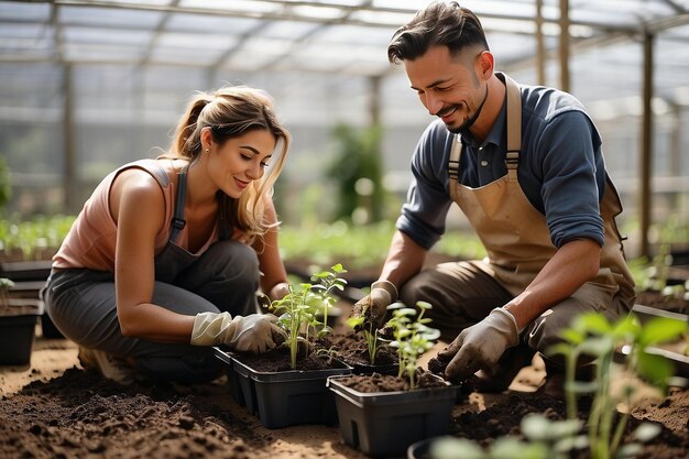 Um casal de jardineiros profissionais a plantar brotos num recipiente com solo num arco de estufa