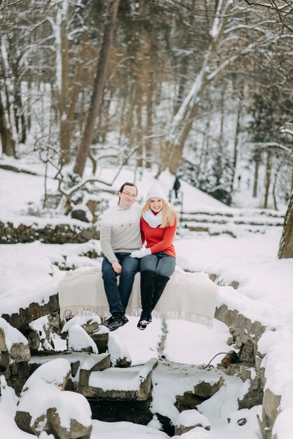 Um casal de jovens amantes em casacos de inverno e lenços, sentado em um parque de neve