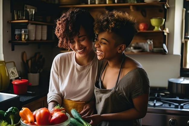 Um casal de lésbicas a abraçar-se na cozinha.