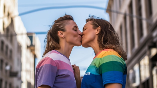 Foto um casal de lésbicas a beijar-se na rua.