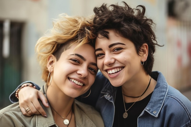 Um casal de lésbicas alegres.