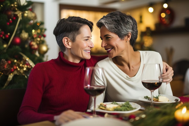 Foto um casal de lésbicas de meia-idade a ter um jantar romântico em casa durante o natal e as férias de ano novo
