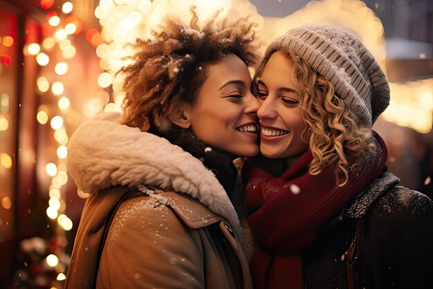 Foto um casal de lésbicas feliz e sorridente, namoradas, abraçadas e sorrindo no mercado de natal, no inverno.
