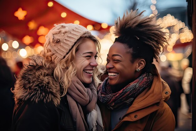 Foto um casal de lésbicas feliz e sorridente, namoradas, abraçadas e sorrindo no mercado de natal, no inverno.