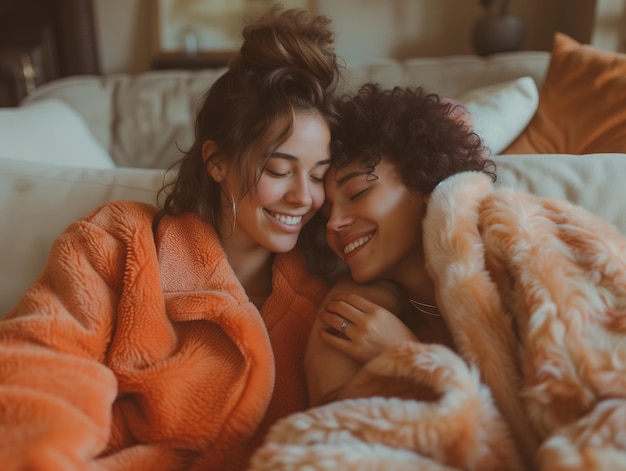 Um casal de lésbicas felizes em roupas de pêssego compartilhando um momento alegre em uma sala de estar aconchegante