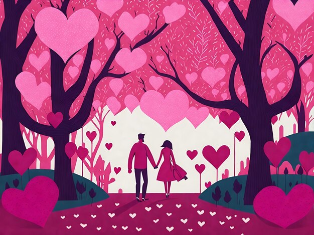 Um casal de mãos dadas caminhando em um parque com corações cor-de-rosa ao redor