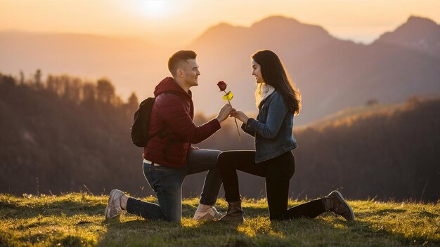 Foto um casal de mãos dadas com uma flor em primeiro plano