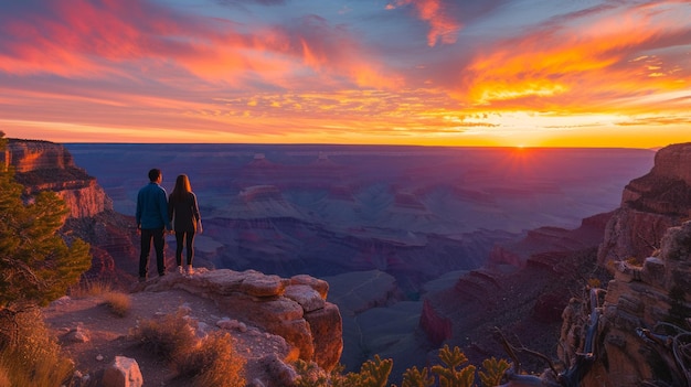 Um casal de mãos dadas com vista para o Grand Canyon ao pôr do sol