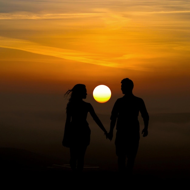 Um casal de mãos dadas e olhando o pôr do sol com o sol se pondo atrás deles.