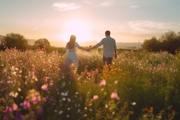 Um casal de mãos dadas em um campo de flores