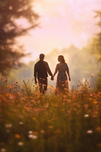 Um casal de mãos dadas em um campo de flores