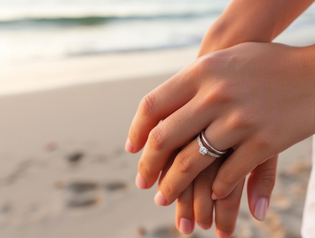 um casal de mãos dadas em uma praia com o oceano ao fundo