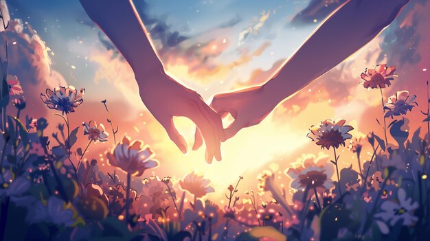 Um casal de mãos dadas no meio de um campo em flor