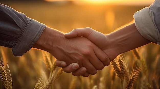 Um casal de mãos dadas num campo de trigo, o sol a pôr-se atrás deles.