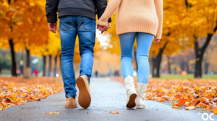 Um casal de mãos dadas passeia pela paisagem florestal de outono
