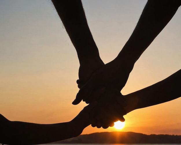 Um casal de mãos dadas que dizem mãos juntas ao pôr do sol