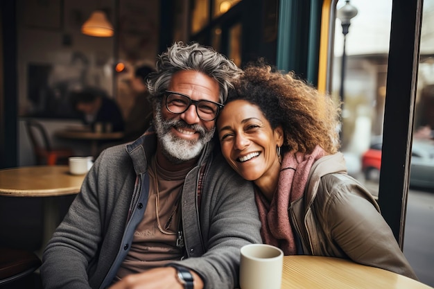 Um casal de meia-idade feliz e multirracial a tomar o pequeno-almoço num café.