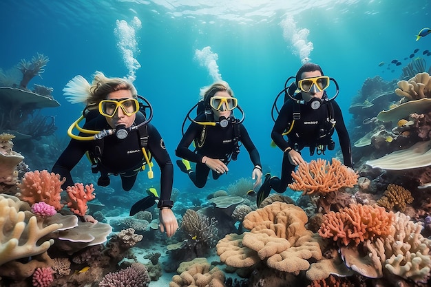 Um casal de mergulhadores no recife de coral