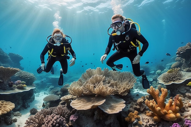 Um casal de mergulhadores no recife de coral