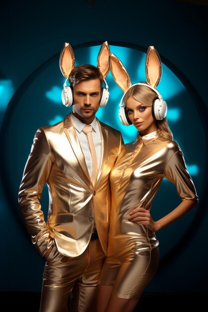 Foto um casal de moda bonito em uma discoteca com fones de ouvido grandes e orelhas de coelho em fundo escuro