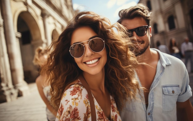 Foto um casal de moda de moda feliz tirando selfies com roupas azuis brilhantes e sólidas no verão