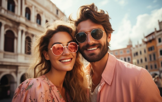 Um casal de moda de moda feliz tirando selfies com roupas brilhantes de cor clara no verão