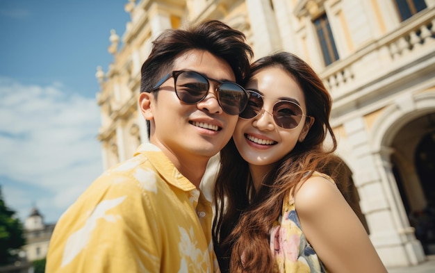 Um casal de moda de moda feliz tirando selfies com roupas brilhantes de cor clara no verão