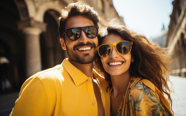 Foto um casal de moda de moda feliz tirando selfies com roupas brilhantes de cor clara no verão