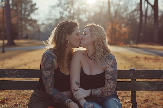 Um casal de mulheres a beijar-se no parque.