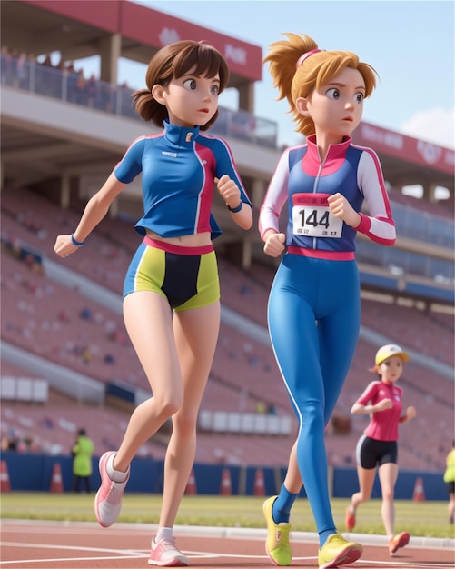 Um casal de mulheres a correr com uma etiqueta de número nas camisas.