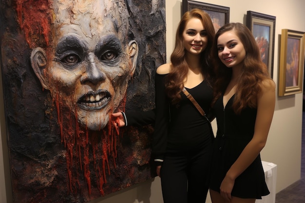 Um casal de mulheres de pé ao lado de uma pintura de um monstro