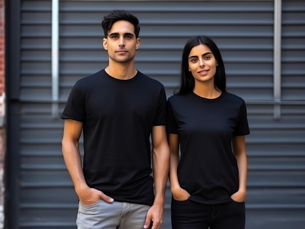 Um casal de namorado e namorada vestindo camisas pretas em branco para um modelo de design