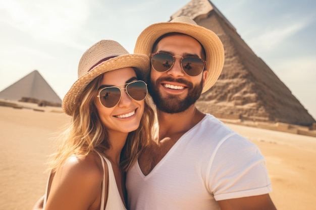 Um casal de namorados tira uma selfie se abraçando em frente às pirâmides de Gizé